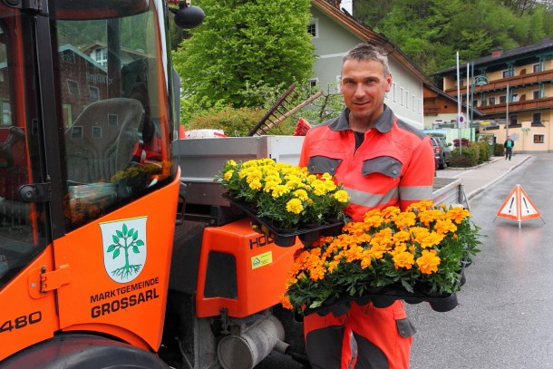 Bauhofmitarbeiter Christian Steiner mit den neuen bunten Sommerblumen
