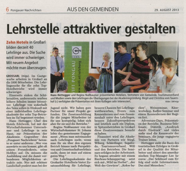 Bericht in den Pongauer Nachrichten vom Do 29. August 2013