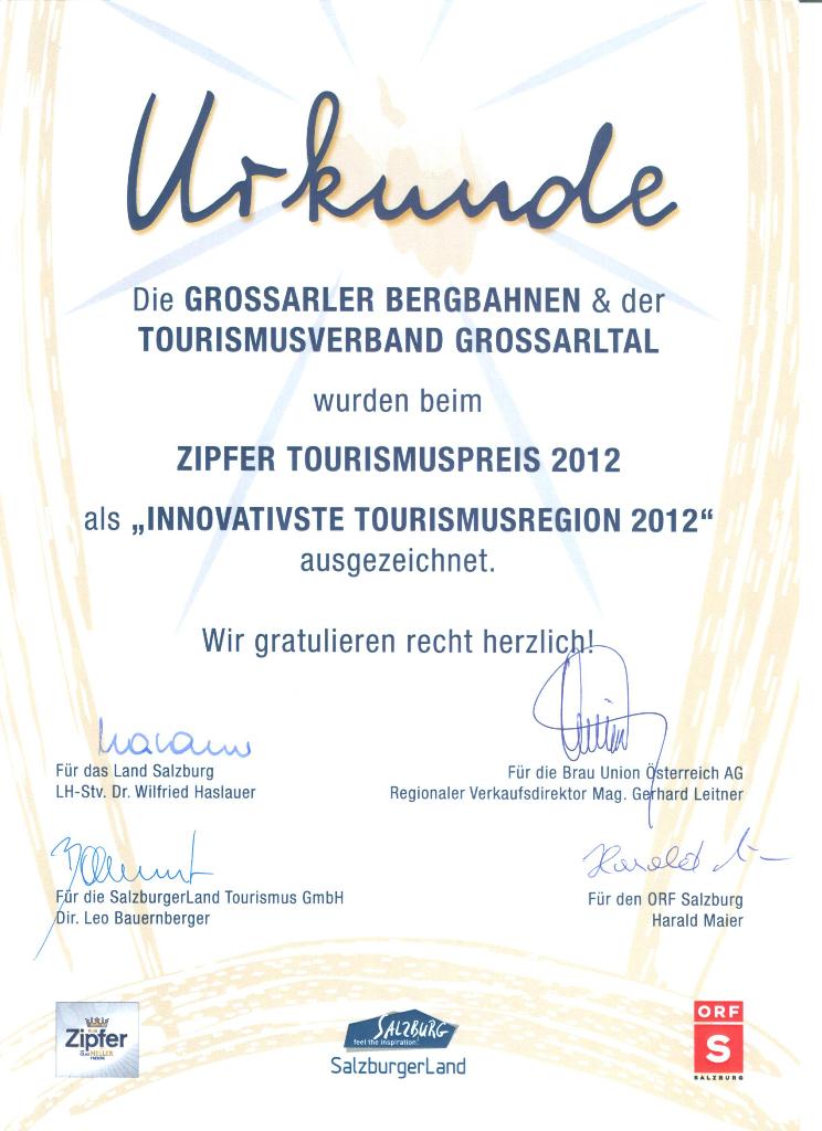 Ernennungsurkunde zur "Salzburgs innovativsten Tourismusregion 2012"