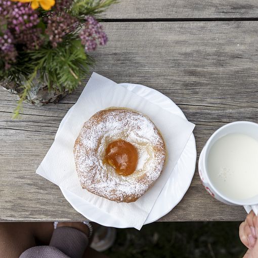 Bauernkrapfen, Milch und Blumen