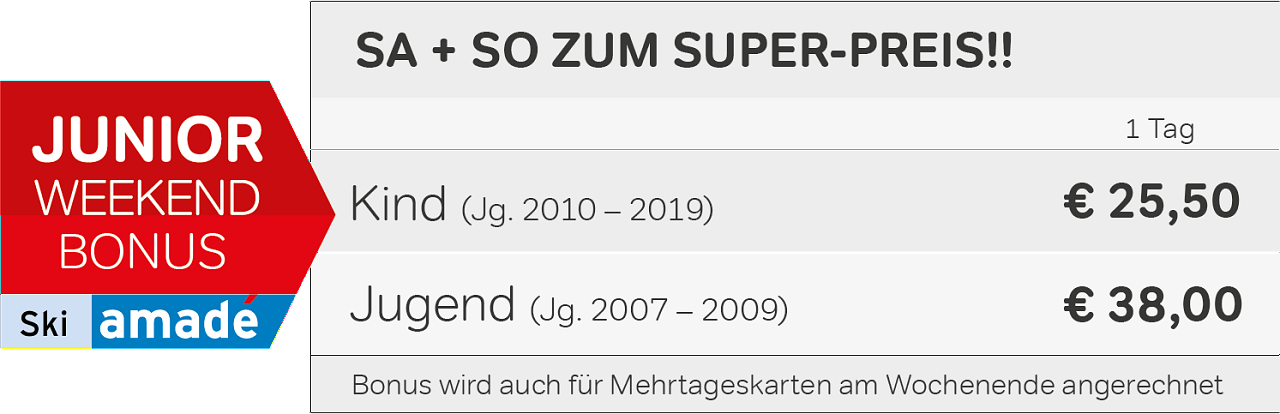 Preise in einer Tabelle vom Junior Weekend Bonus