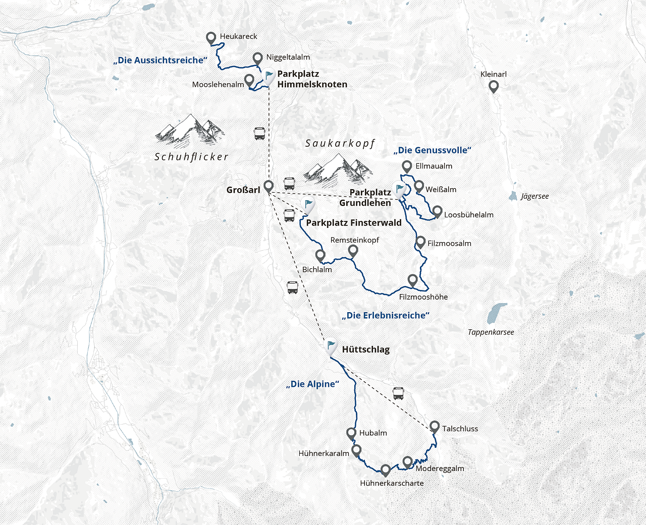 Karte des Großarltals mit markierten Wanderwegen, Parkplätzen und Highlight-Orten, eingebettet in die beeindruckende Bergwelt der Region.