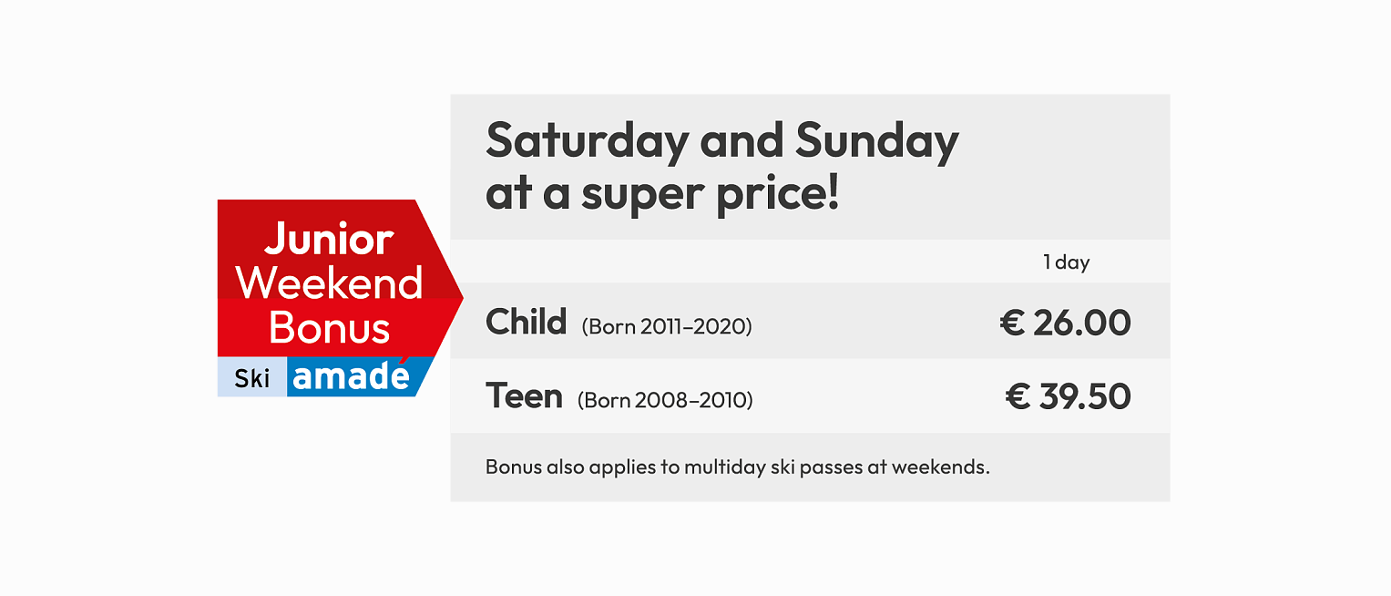 Ein Werbeplakat von ski amadé bietet spezielle Wochenendpreise für Kinder und Jugendliche, geboren zwischen2008 und 2020, an. Der Bonus gilt auch für Mehrtages-Skipässe.Alternativtext: Werbeplakat mit Wochenend-Skiangeboten für Kinder und Jugendliche im Großarltal, inklusive Bonus für Mehrtagespässe.
