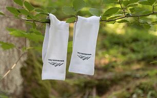 Zwei weiße Socken mit schwarzem Logo hängen an einem belaubten Ast in einem grünen Waldstück.